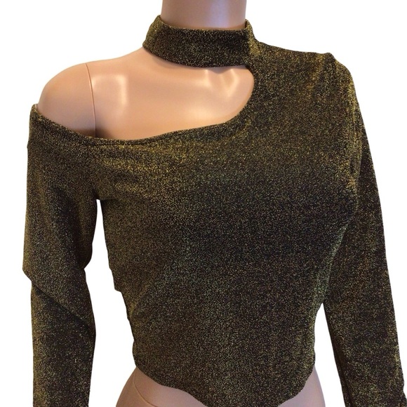NWOT Julia Womens Size L Gold Glitter One Shoulder Choker Long Sleeve Top - Picture 5 of 7